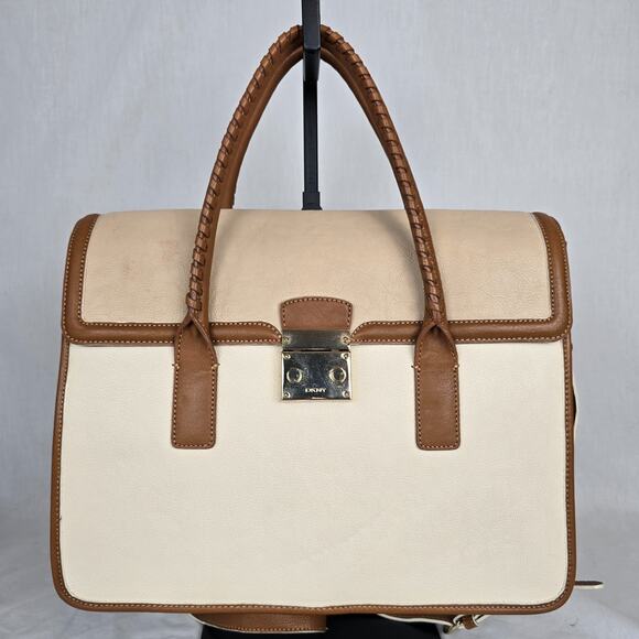 DKNY Leather Laptop Travel Business Bag Cream Beige Double Handles & CB Strap - Picture 6 of 16